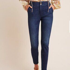ANTHROPOLOGIE Pilcro Pleated High Rise Dark Wash Blue Denim Skinny Jeans Size 25